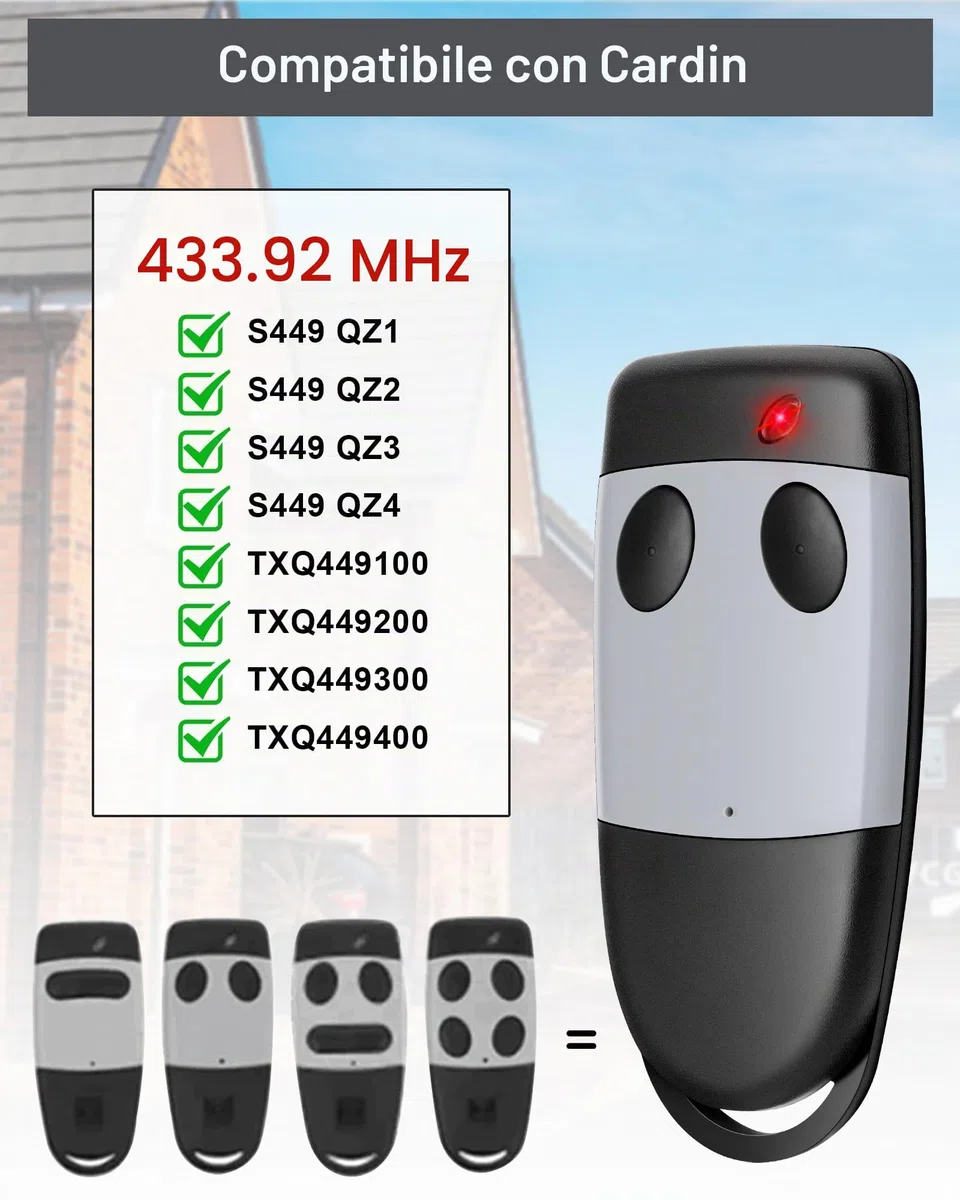 433,92 MHz Telecomando per Cardin S449 QZ1, S449 QZ2, TXQ449100 TXQ449200 - Rolling Code, 2 Canali, Ricambio per Porta del Garage, 2 Pezzi (3pcs)