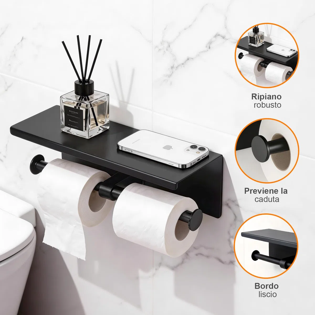 Ibergrif Portarotolo Carta Igienica Doppio con Mensola, Porta Carta Igienica da Parete in Acciaio Inox, Installazione Adesiva o con Foratura, Portarotolo WC per Bagno o Cucina, Nero