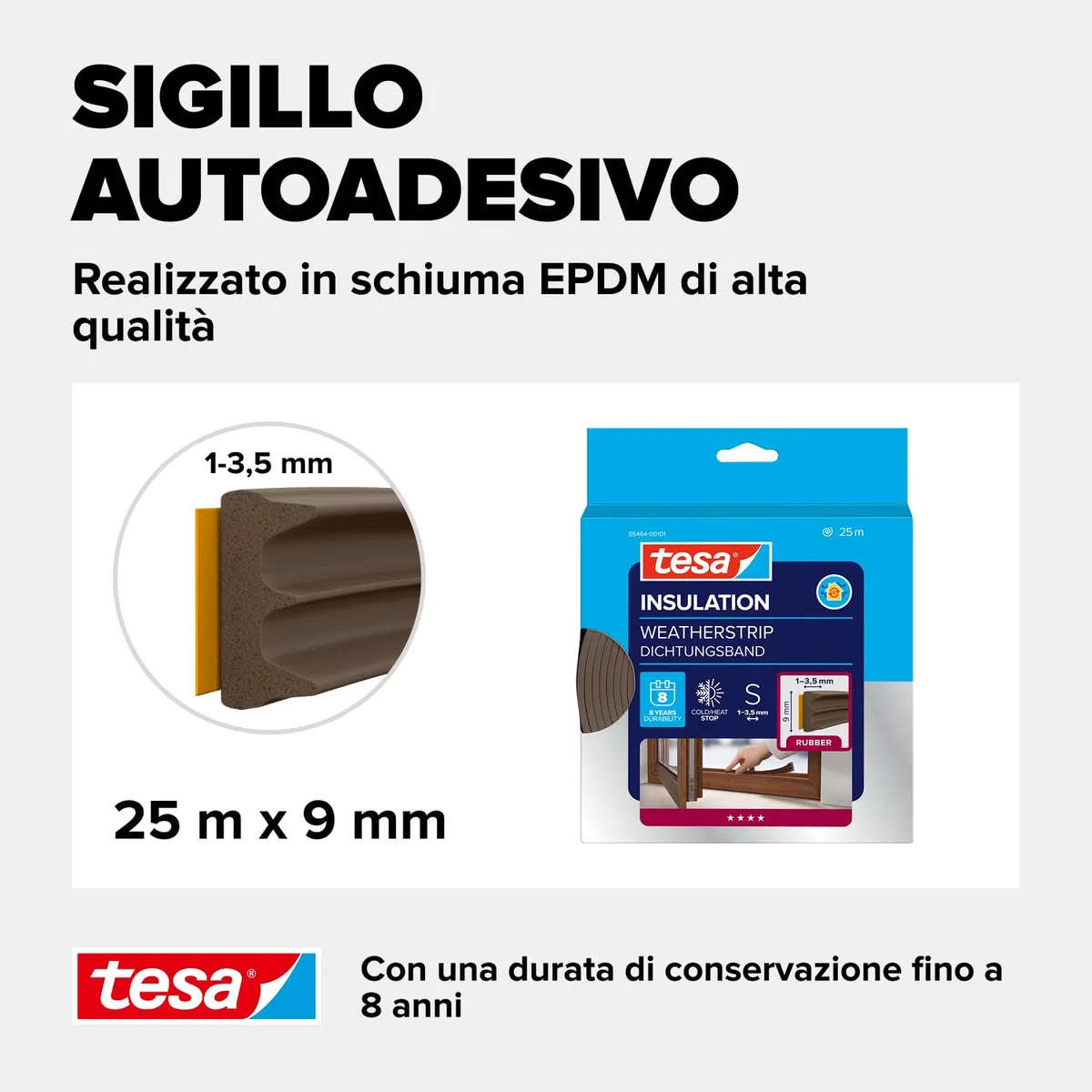 Tesa Moll E-Profile Seal - Gomma Sigillante per L'Isolamento degli Spazi tra Porte e Finestre - Marrone - 25 m x 9 mm x 4 mm