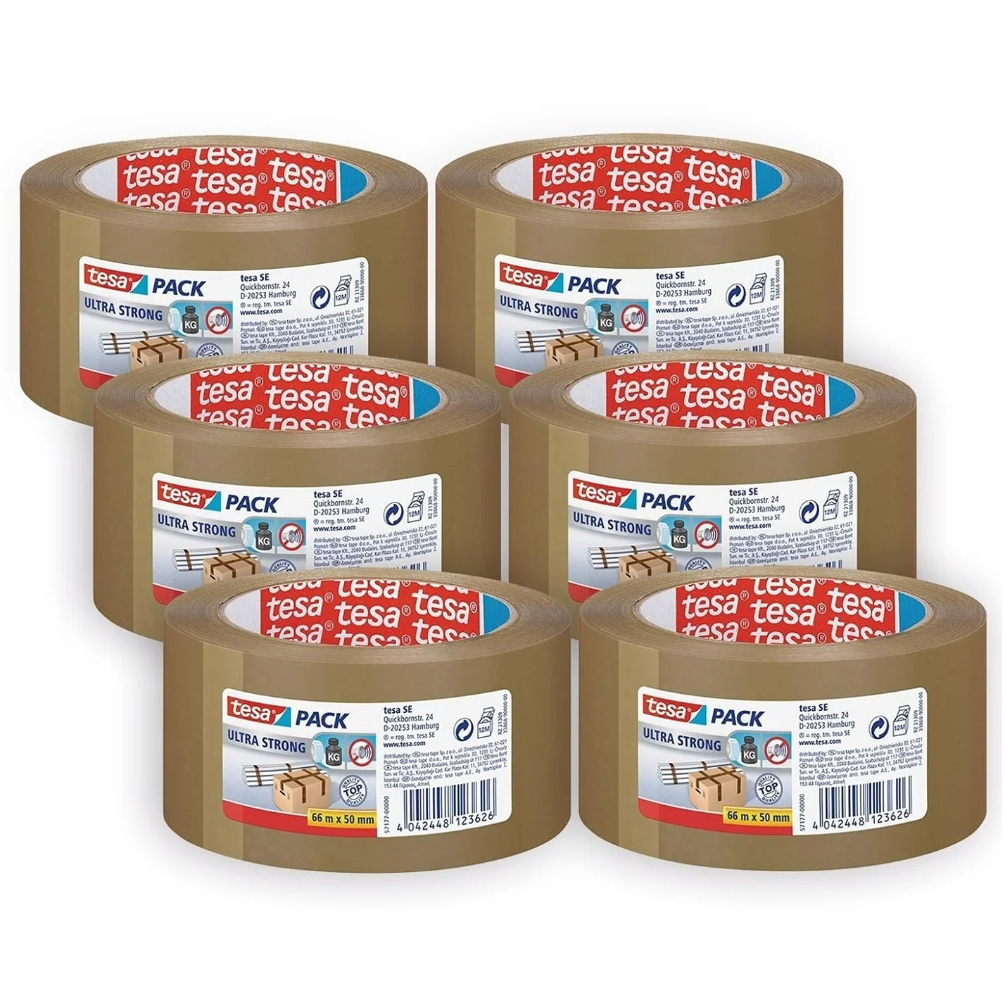 Tesa tesapack Ultra Forte - Nastro Adesivo d'Imballaggio in PVC Solido e Sicuro - Marrone - 6x 66 m x 50 mm