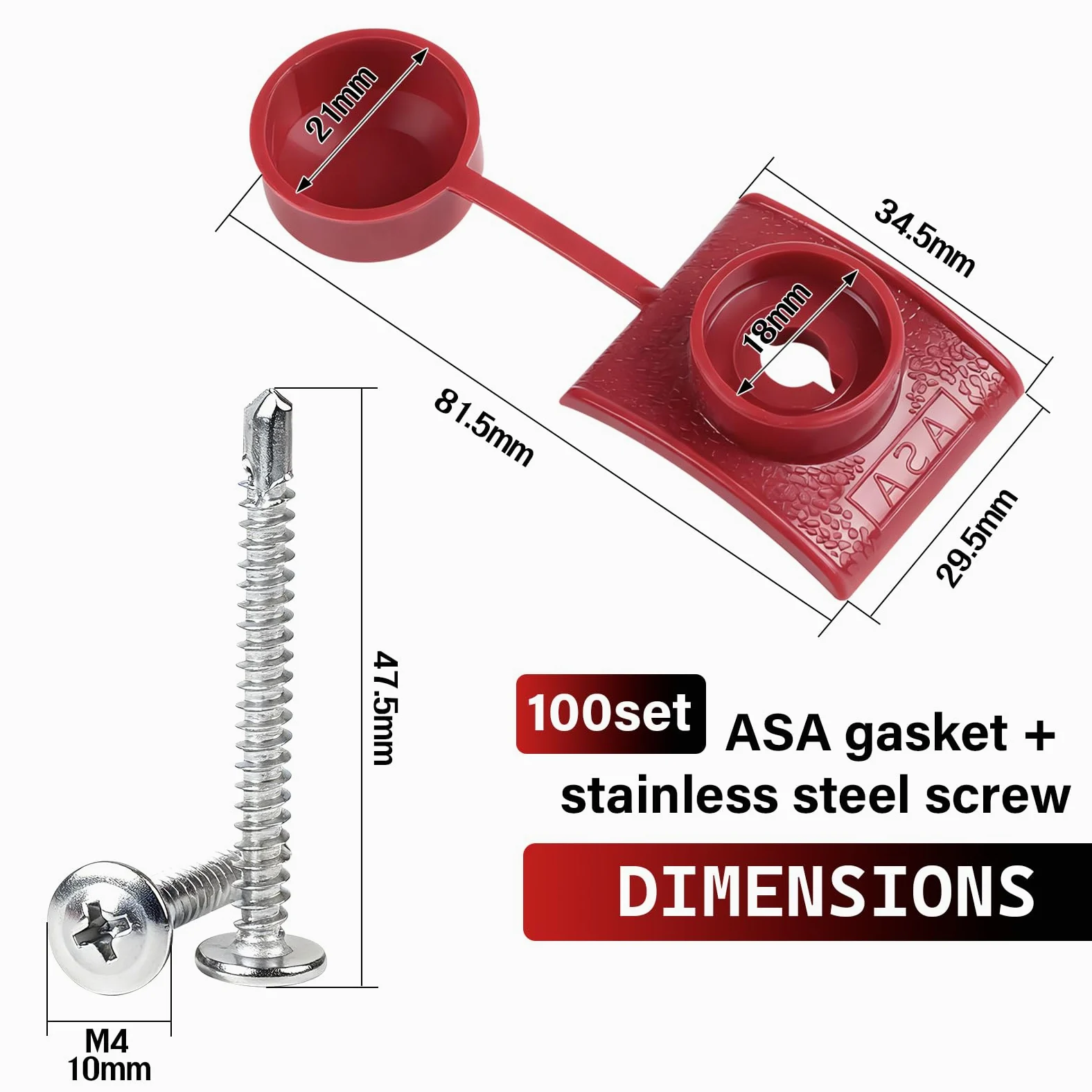 100 PCS Calotte Fissaggio Pannelli Ondulati M4.8 x 45mm Rosso, Viti per Lamiere Ondulate con Cappuccio, Viti Per Onduline per Coperture Tettoie e Pannelli Coibentati per Tetto