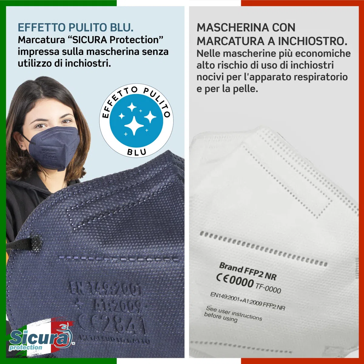 50 Mascherine FFP2 Certificate CE BLU con Elastici Neri SICURA logo impresso BFE ≥99% Made in Italy Mascherina ffp2 SANIFICATA e sigillata singolarmente