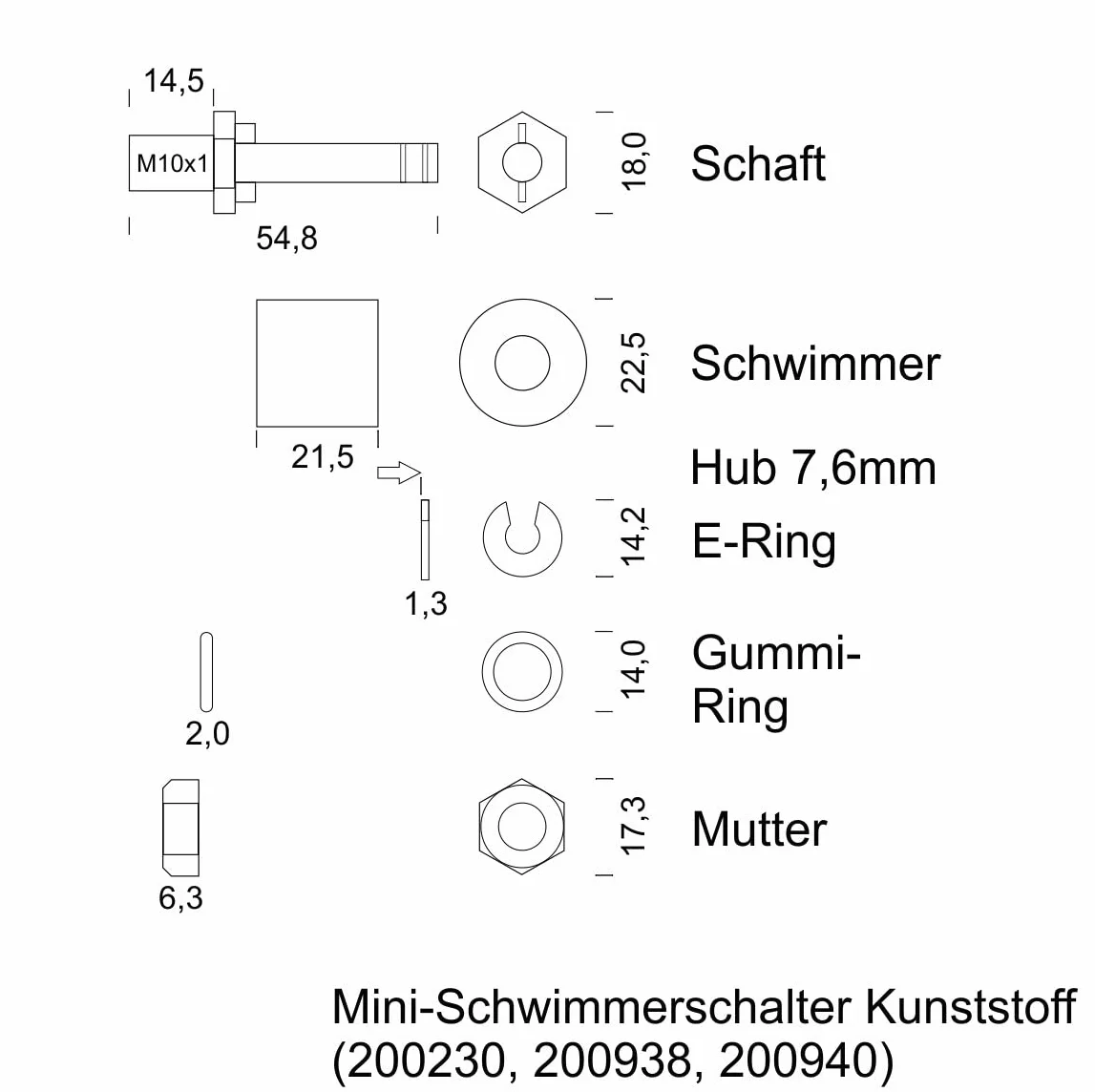 Schabus 200940 - Mini interruttore a galleggiante in plastica, cavo da 2,5 m, prodotto in Germania, apribile o contatto più vicino