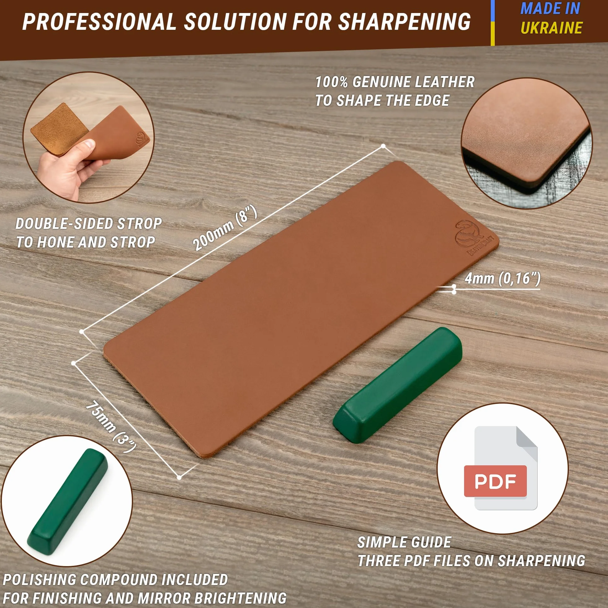 BeaverCraft LS2P1 Coramella in Pelle per Affilatura Coltelli – Kit 8 x 20 cm con Pasta Lucidante, Doppia Faccia per Affilare e Lucidare