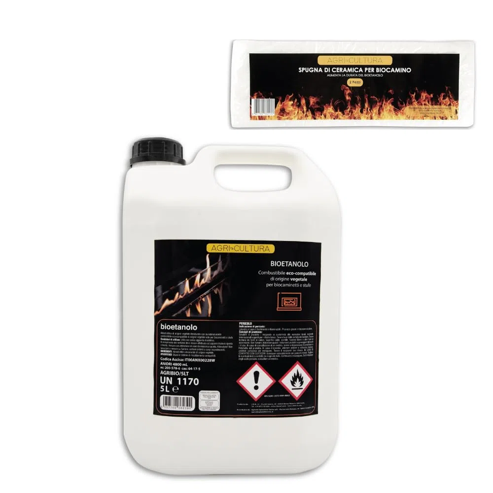 AGRI-CULTURA® | Bioetanolo inodore eco-compatibile di origine vegetale 5 LT + Omaggio Spugna Per aumentare Durata Bioetanolo | Combustibile Liquido Naturale.