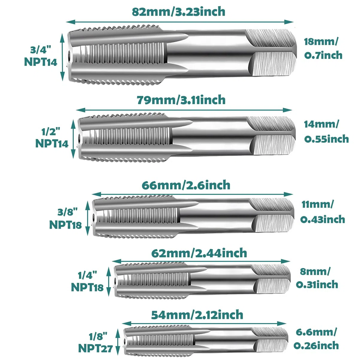 Set di Maschi a Tubo NPT 5 pezzi, 1/8", 1/4", 3/8", 1/2" e 3/4" NPT Rubinetto Filettato per Filettare, Kit Filettatura per Pulire o Rifilare Filettature di Tubi Danneggiate o Inceppate