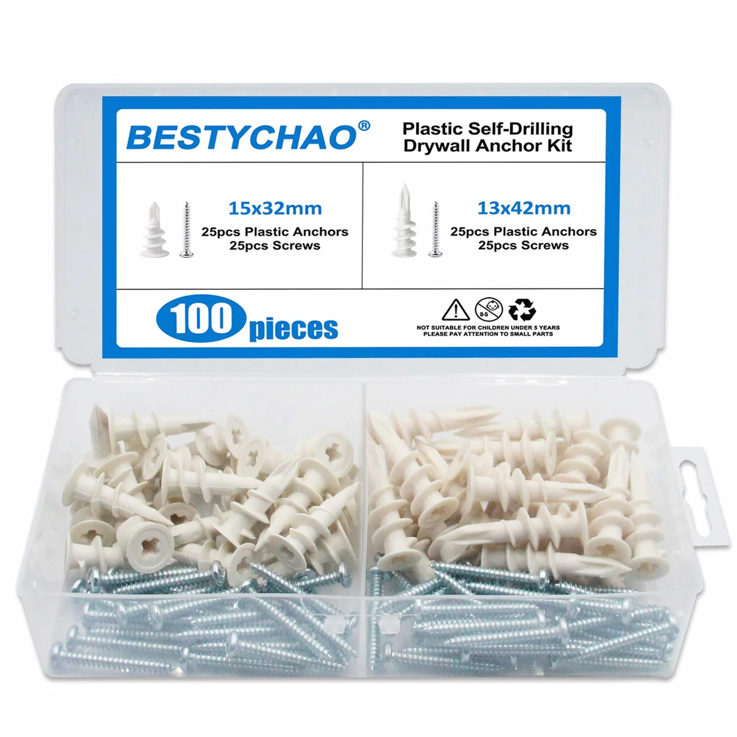 100 pezzi 2 misure di tasselli in plastica per cartongesso tasselli autoperforanti a parete cava con kit di assortimento di viti