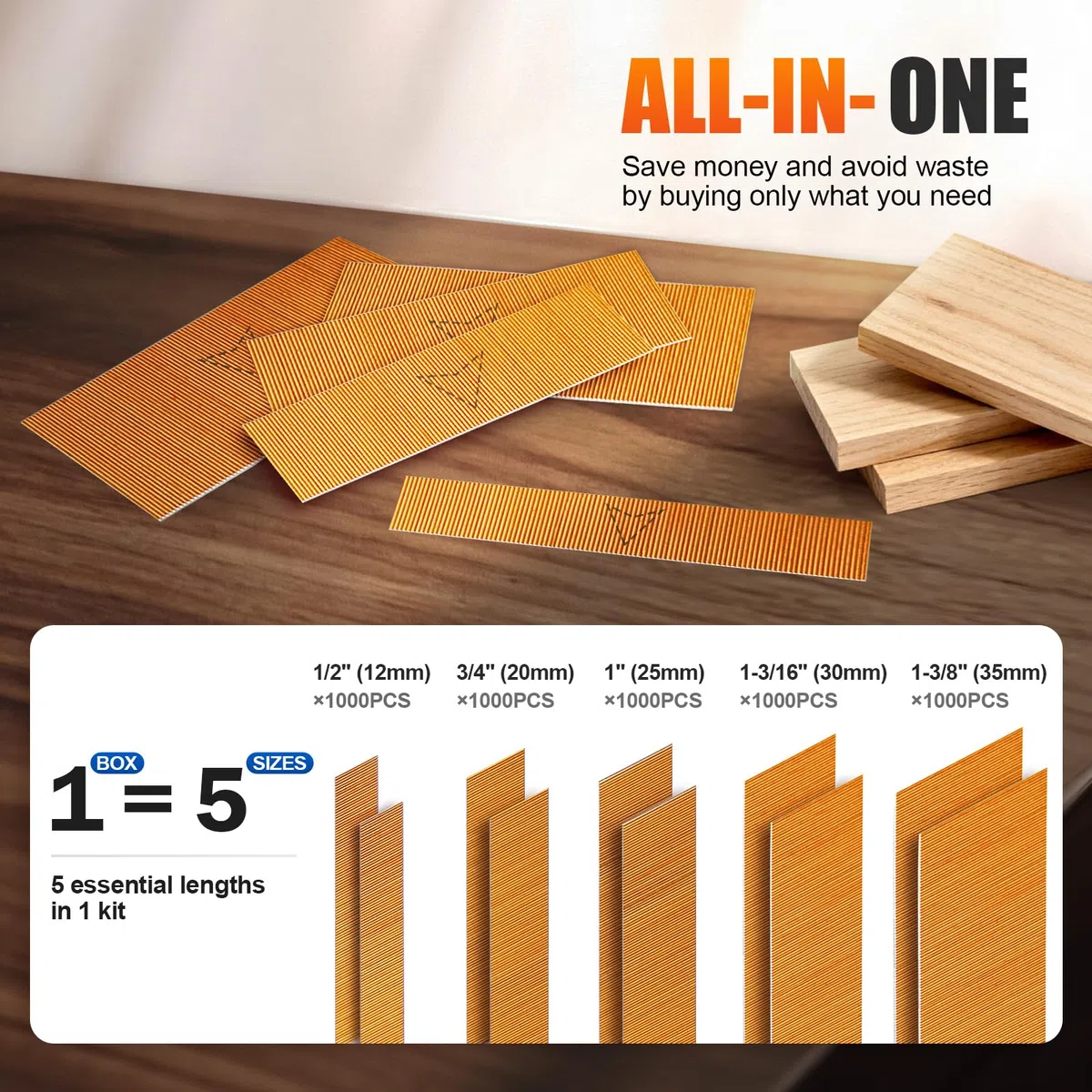 KIMSING Chiodi senza testa in rame assortiti, calibro 23, 5 misure (1/2", 3/4", 1", 1-3/16", 1-3/8"), 5000 pezzi, confezione multipla per pistola chiodatrice