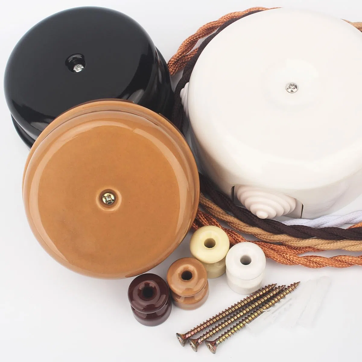 Kit [Scatola di distribuzione in porcellana] + [12 isolatori Porcellana] per Impianti a 4 fori per entrata/uscita del cavo. Copri cavi e copri fili in ceramica, Bronzo lucido, Ø 78mm Prof.35mm