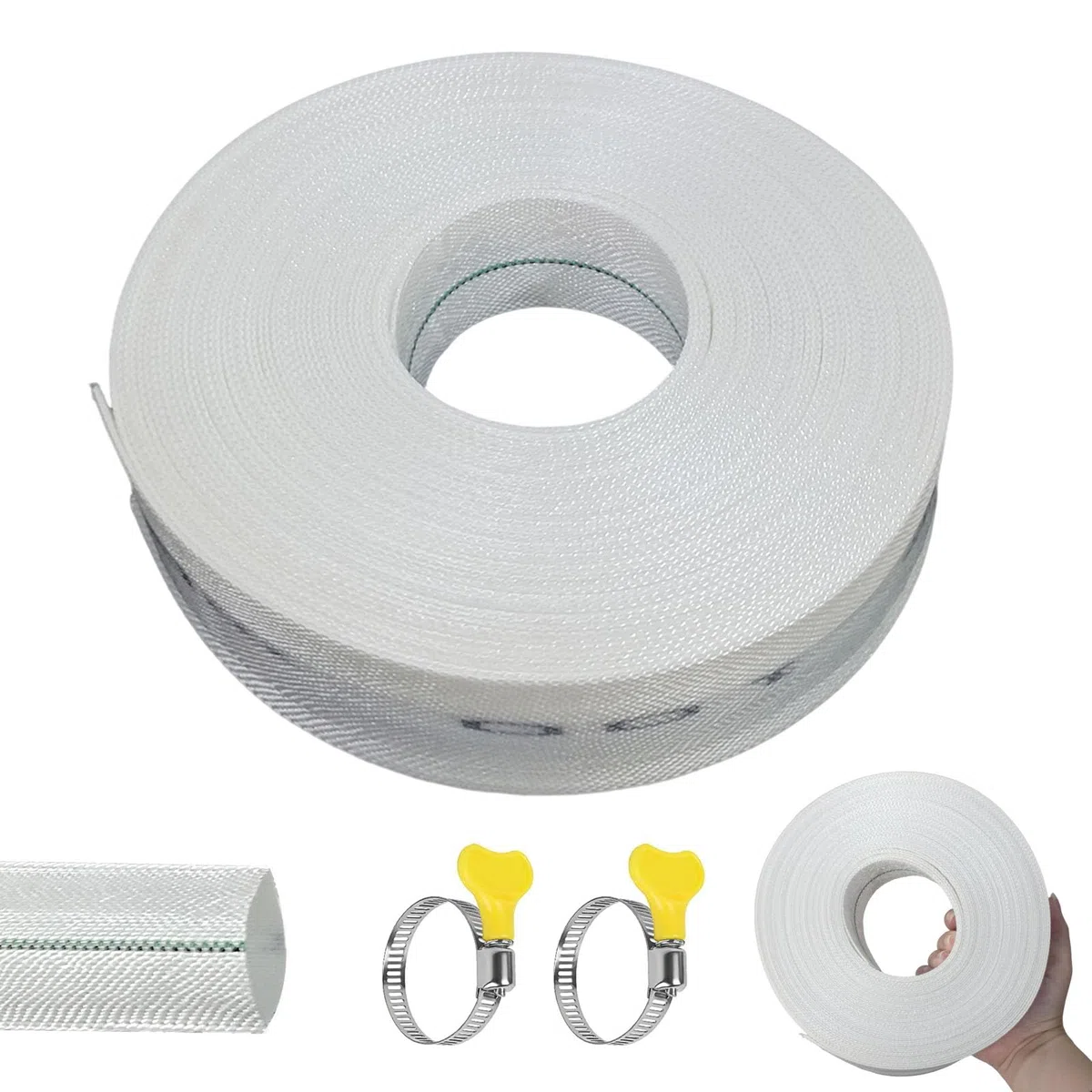 Tubo Piatto, 20 m Ø 32mm Tubo Flessibile con Fascetta Stringitubo, 1 1/4 Pollici Tubos Flessibile Manichetta di Scarico Piatto, per il Pompaggio in Piscina, Bianco