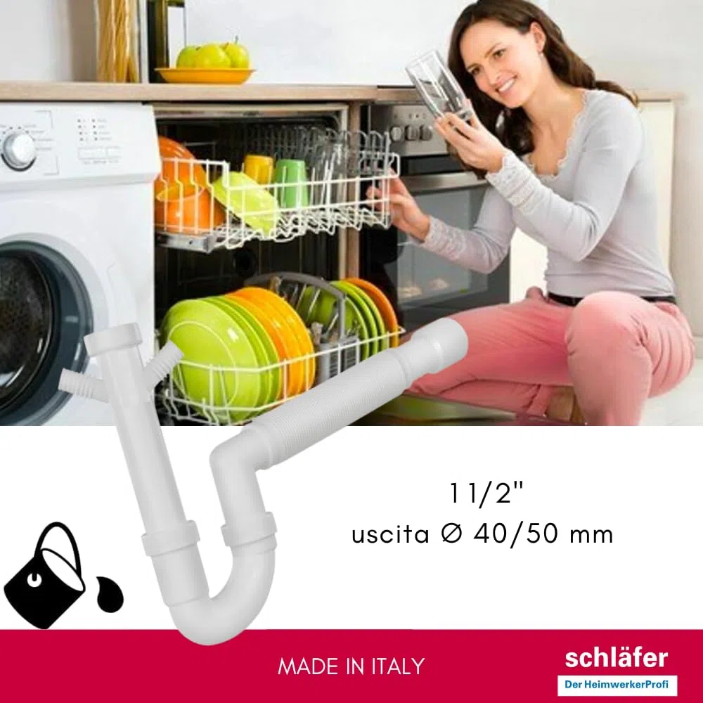 Schläfer 439305 | Sifone Universale con tubo flessibile Raccordo 1"1/2, Doppio Attacco per Lavastoviglie o Lavatrice, Connessione Usciata a Parete Diam. 40/50mm, Scarico Autopulente. Bianco