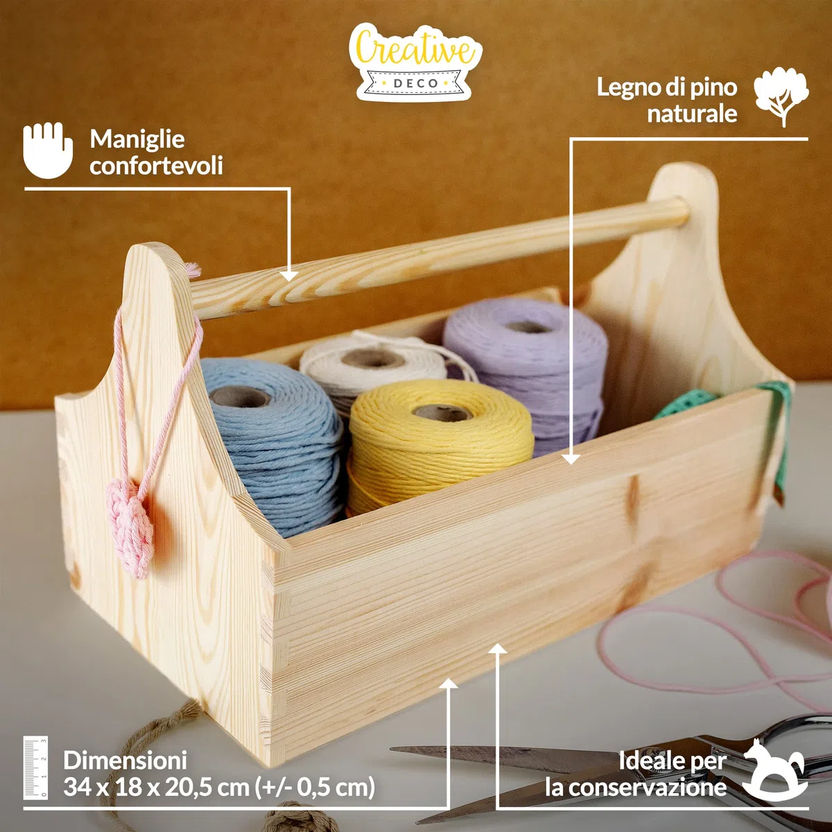 Creative Deco Cassetta degli Attrezzi in Legno | Porta Attrezzi in Legno | Dimensioni 34 x 18 x 20,5 cm (+/- 0,5 cm) | Cassetta Naturale con Maniglia | Borsa degli Attrezzi | Confezione Regalo