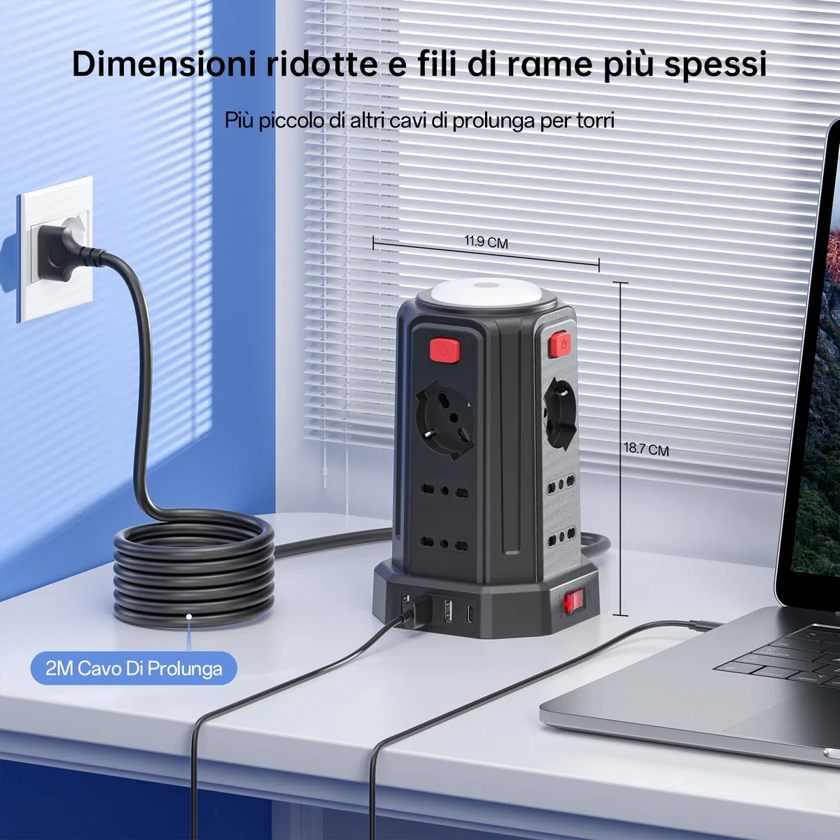2 M Ciabatta Elettrica Multipresa con Luce Notturna 12 Prese Universali 10/16A ITA e Schuko e 3 USB A+1 USB C Protezione Sovratensione con 4 Interruttori Indipendenti per L'ufficio, La casa
