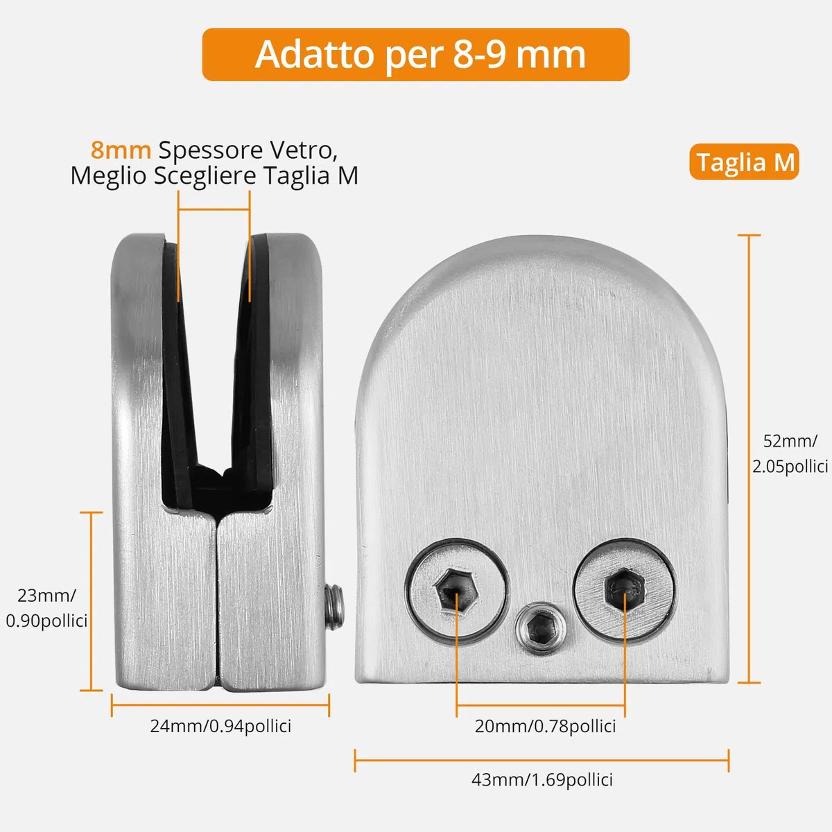 Neoteck 8 Pezzi Supporto Clip in Acciaio Inossidabile 201 per Vetro, Fissaggio per Corrimano da 8-9mm, Morsetto in Acciaio Inox per vetro Regolabile con Gomma e Vite Micro-Regolante