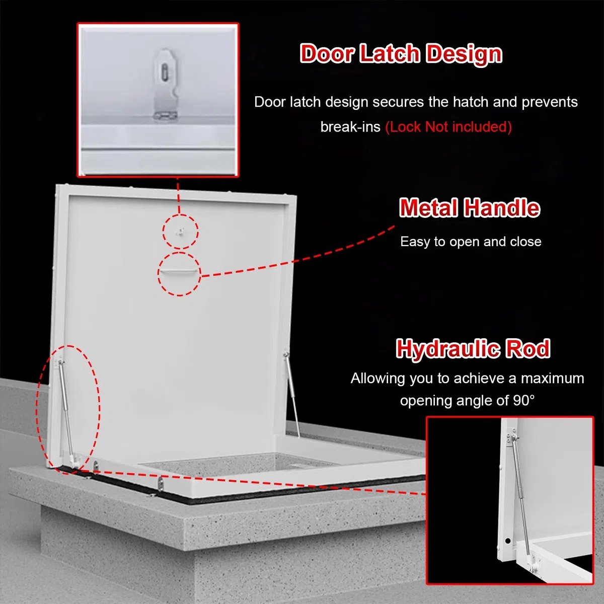 Portello di accesso al tetto, chiusura a gancio e maniglia, porta di accesso di sicurezza di emergenza per manutenzione e riparazioni, dimensioni interne 85,1 x 85,1 cm