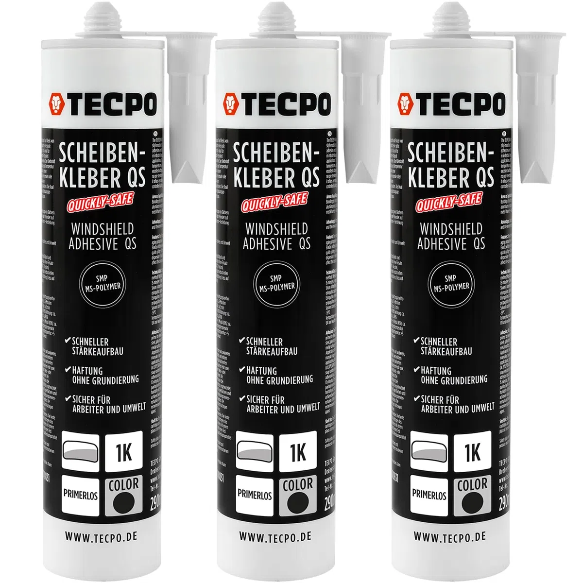 TECPO Adesivo per parabrezza, Quickly-Safe, senza primer, con tecnologia adesiva e sigillante, adesivo per parabrezza, adesivo elastico resistente alle intemperie, per incollare e sigillare (3 X 290