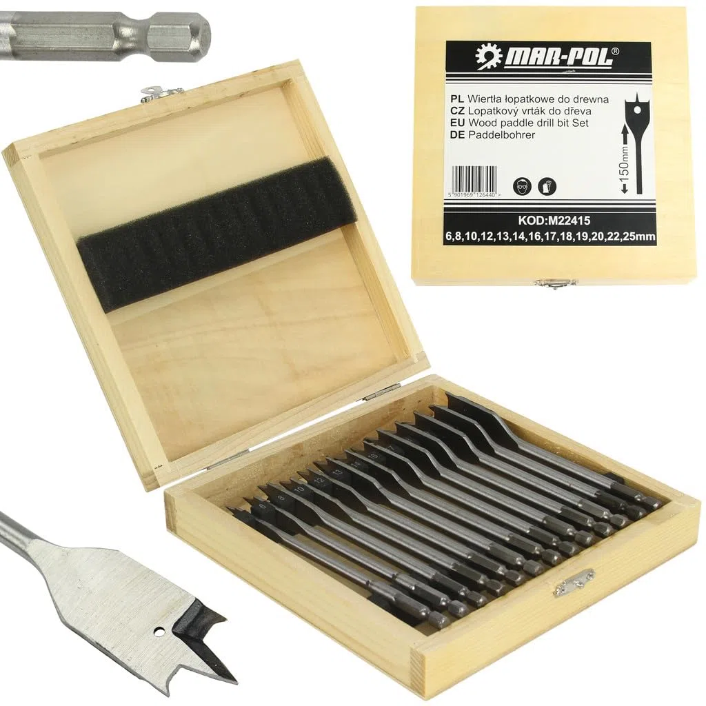 Set di Punte Piatte Mecchie per Legno | 13 Pezzi | Ø6-25 mm | Attacco Esagonale | per Trapano | con Valigetta