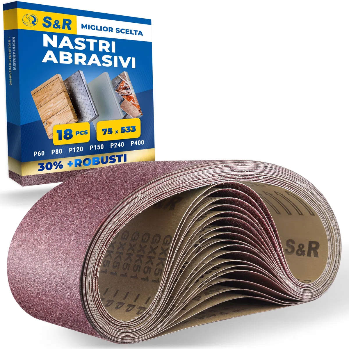S&R Nastro Abrasivo 75 x 533 mm per Levigatrice a Nastro. Set di 18 Nastri Abrasivi; 3 per ogni Grana P60, P80, P120, P150, P240, P400.