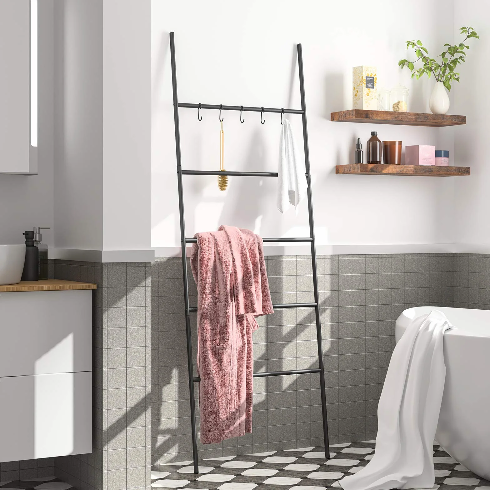 HOOBRO Scala Portasciugamani, Appendiabiti, Portasciugamano Bagno, Scala Decorativa, con 5 movibili Ganci, 58 x 177cm, Stabile, Metallo, Facile da Montare, Nero EBK62CJ01