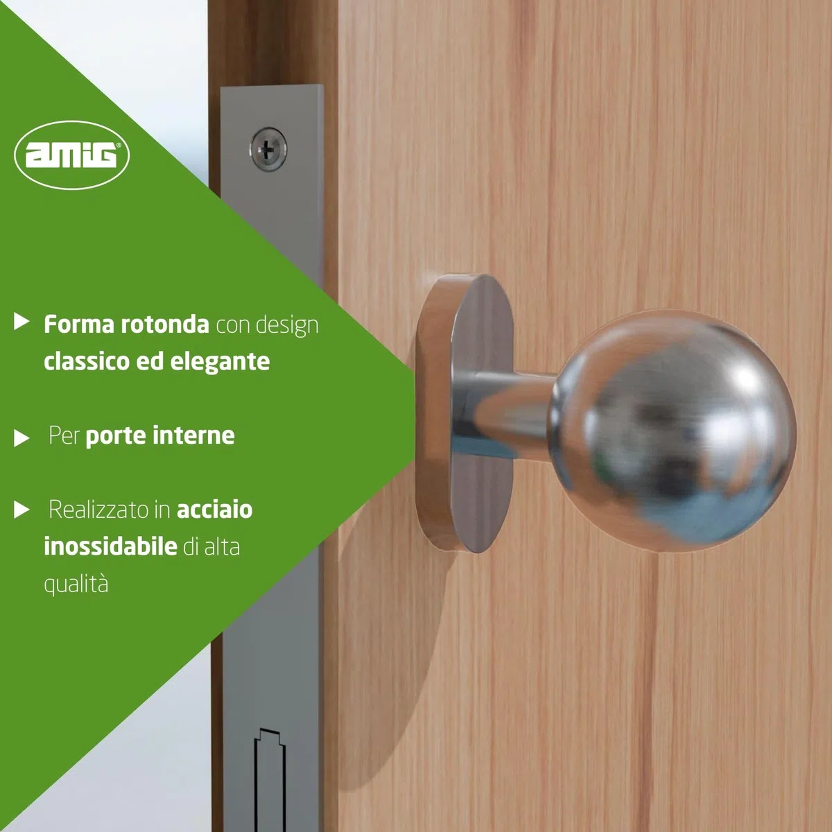 Amig – Pomolo/Maniglia rotonda per porta interna – Mod. 11AL – Impugnatura ergonomica – Rosetta rotonda – Acciaio inox 18/8 satinato – Ø62 x 77 mm