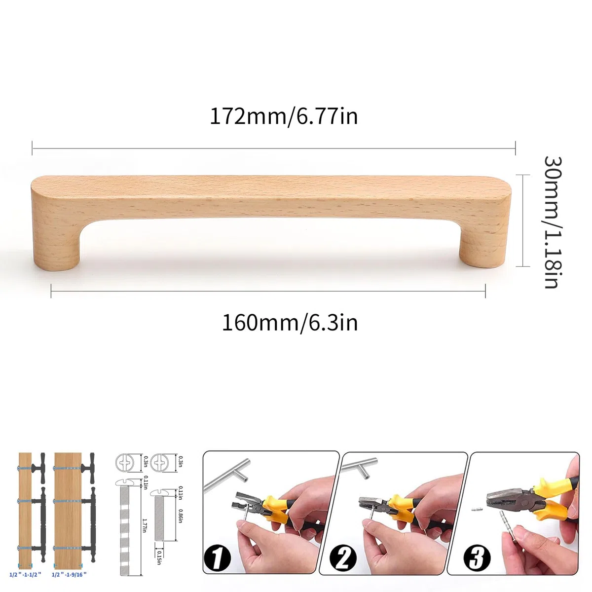 6 pezzi Maniglie in legno di faggio 6,3 pollici rotonde per cassetti, maniglie per armadi da cucina