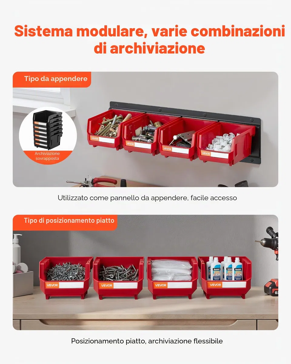 VEVOR Contenitori Portaoggetti da Parete, 12 Contenitori in Plastica e 3 Guide in Metallo, Scatola Portaoggetti Impilabile Sospeso per Ferramenta per Officina, Stanza dei Lavori Manuali, Rosso