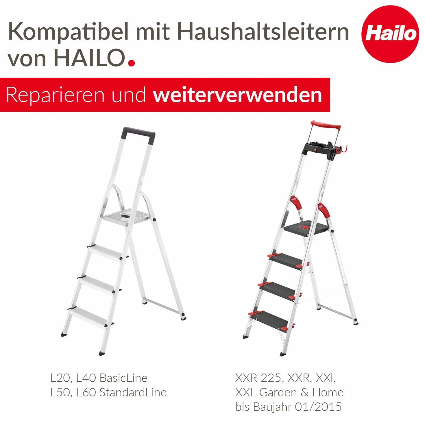 Hailo Set di piedi per scala - Piedi di ricambio per scale Hailo per uso domestico come L20, L40 BasicLine e L50, L60 StandardLine - Travi da 43 x 20 e 35 x 20 mm - 4 piedi per scala - Nero