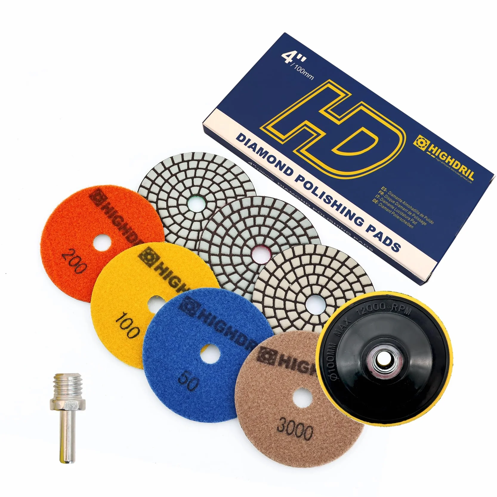 HIGHDRIL Dischi Diamantati per Lucidatura (set da 7 pezzi) - Set per lucidatura marmore con grana #50/100/200/400/800/1500/3000 + Supporto filettato M14 + Adattatore per granito, marmo, agglomerato
