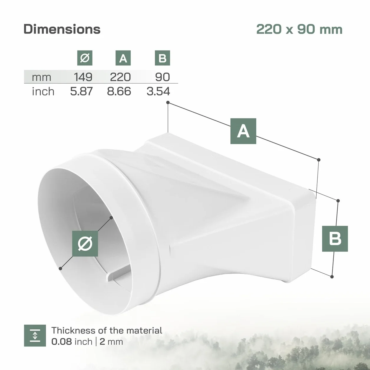 Vent Systems 220x90mm su Ø150mm Connettore di tubi rettangolari per collegamento del tubo rotondo. Sistema di ventilazione, riscaldamento, raffreddamento - Non adatto per unità AC.