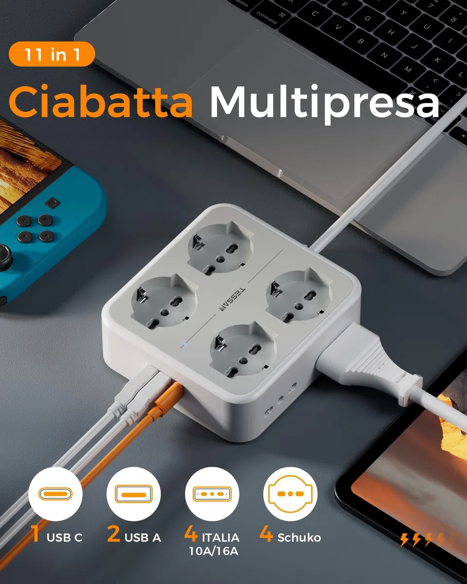 TESSAN Ciabatta Multipresa con USB C, Multipresa Elettrica con 8 Presa IT, Ciabatta Elettriche con Prolunga Elettrica 2 Metri, 3680W Presa Multipla con Interruttore, Grigio