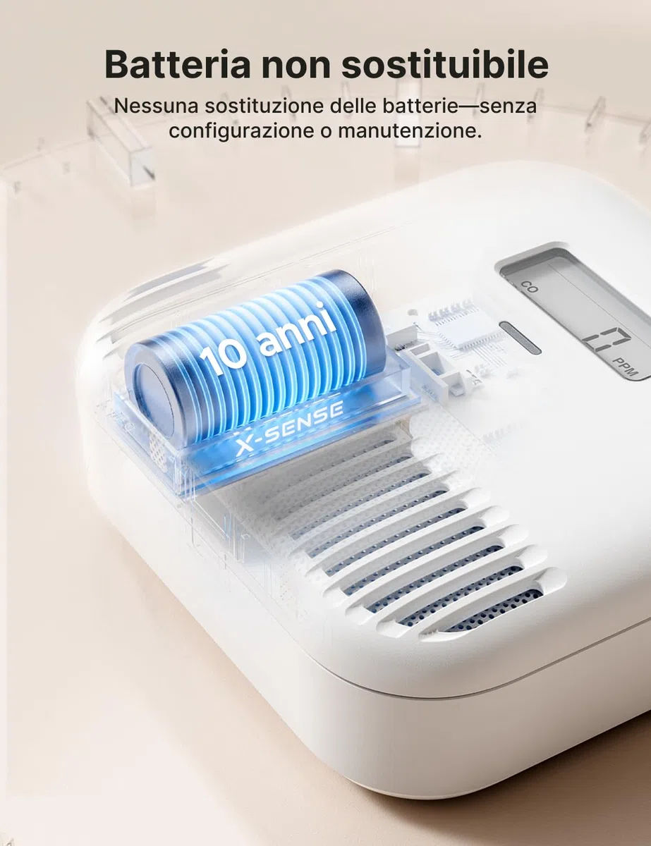 X-Sense Rilevatore di Monossido di Carbonio portatile, 10 anni di durata con batteria integrata, allarme con indicatori LED e display LCD, sensore indipendente, XC0K-SN