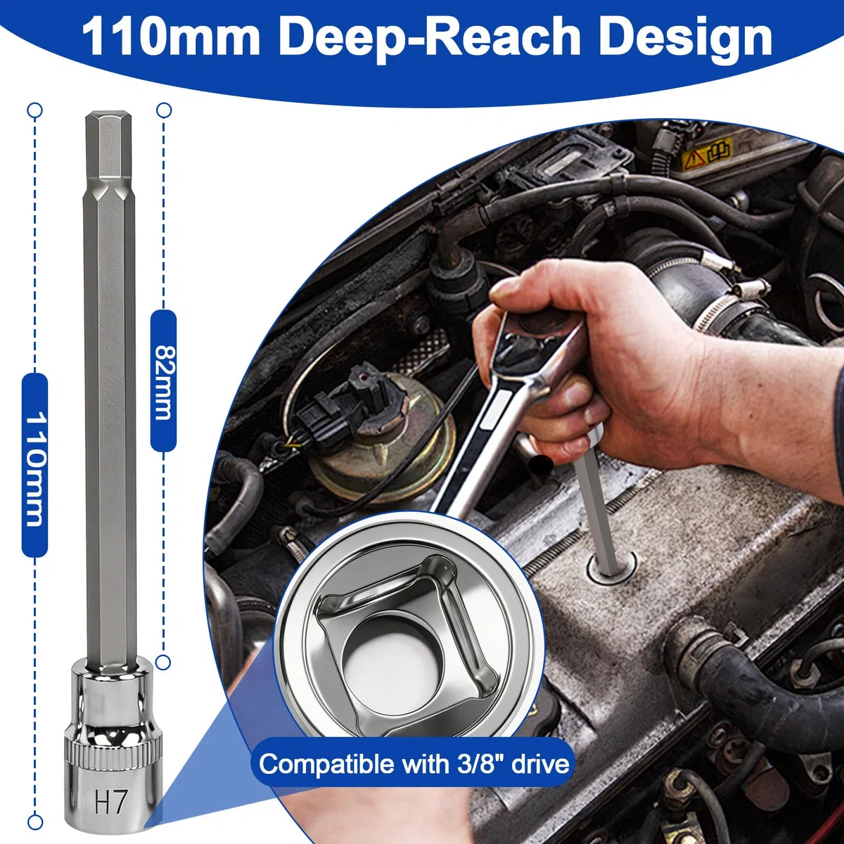 Set di chiavi a bussola lunghe 3/8", set di chiavi a bussola esagonali interne, set di chiavi a brugola H3 H4 H5 H6 H7 H8 H10| L 110 mm| Acciaio CV