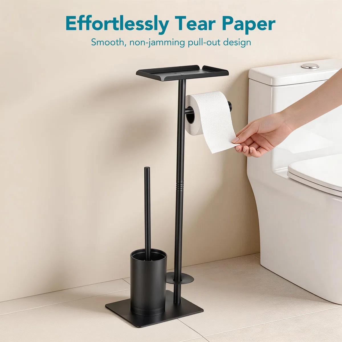Porta Carta Igienica Autoportante con Ripiano Superiore,Porta Carta Igienica da Terra con Scovolino per WC,Non Richiede Forature, Facile da Installare, Ideale per Riporre Oggetti in Bagno