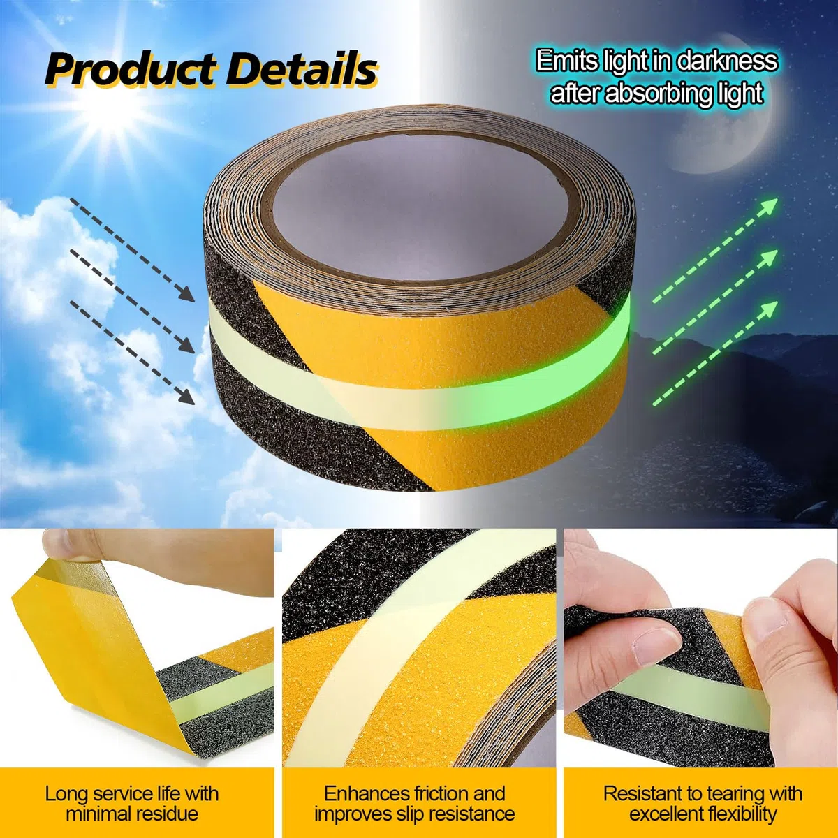 2 Pezzi Nastro Antiscivolo per Gradini Strisce Antiscivolo per Scale Esterne Fluorescente Autoadesivo Nastro di Segnalazione per Scale, Gradini, Rampe e Pavimenti, 5 m x 5 cm, Nero e Giallo