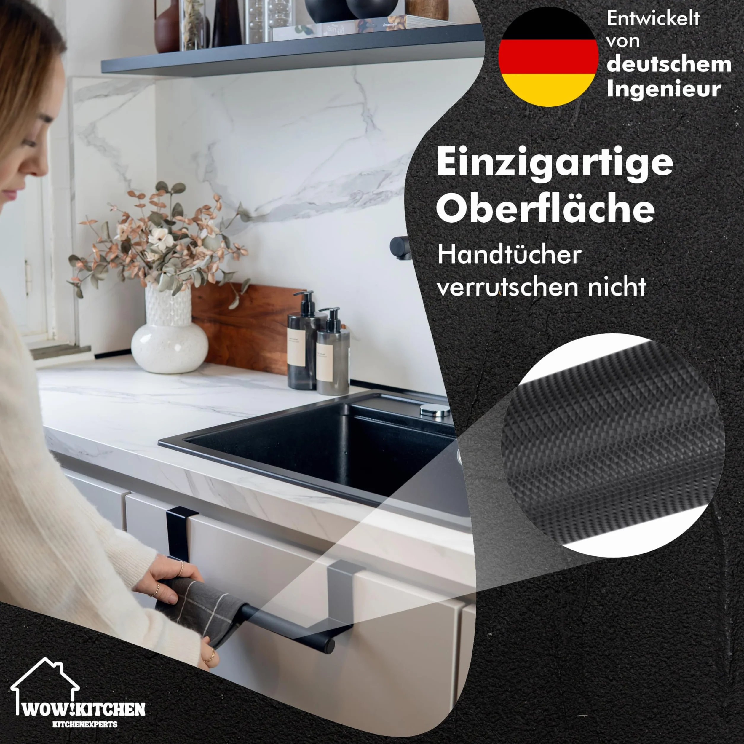 Wow!Kitchen Portasciugamani senza fori per la cucina, antiscivolo e stabile, gli strofinacci rimangono appesi grazie alla superficie speciale, non si attaccano, non si forano, porta strofinacci, nero