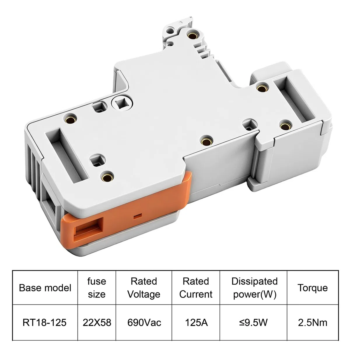 Heschen Supporto per fusibili cilindrici Base, RT18-125(RO17), 100A AC690V, 1 Polo, Montaggio su guida DIN 35mm, per RT18 RO17 22 x 58mm fusibile, Certificato CE