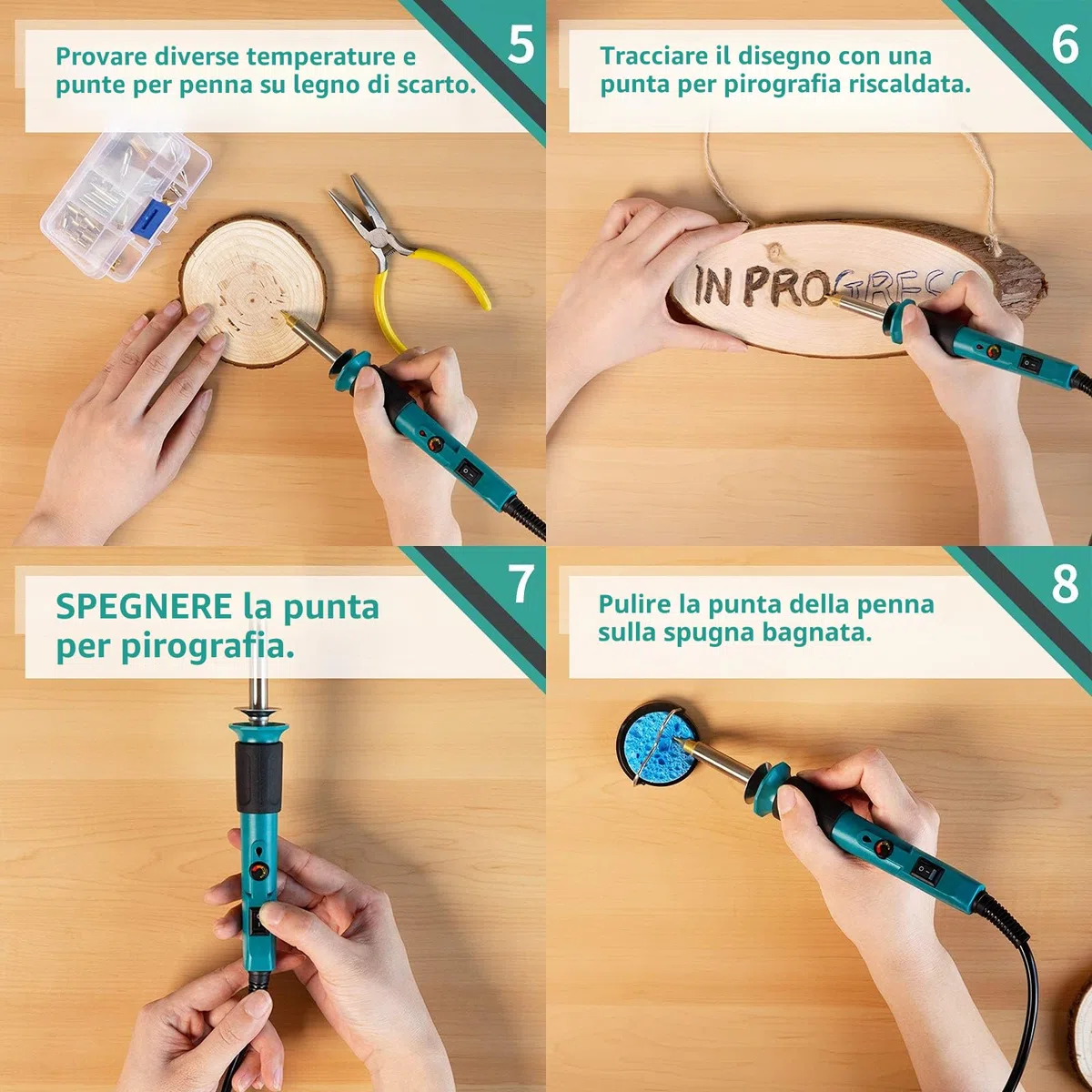 YIHUA 930-IV Kit Pirografo Per Legno Pirografia Temperatura Regolabile con 26 Pezzi punta a filamento 2 Quadrati di Legno(EU PLUG)