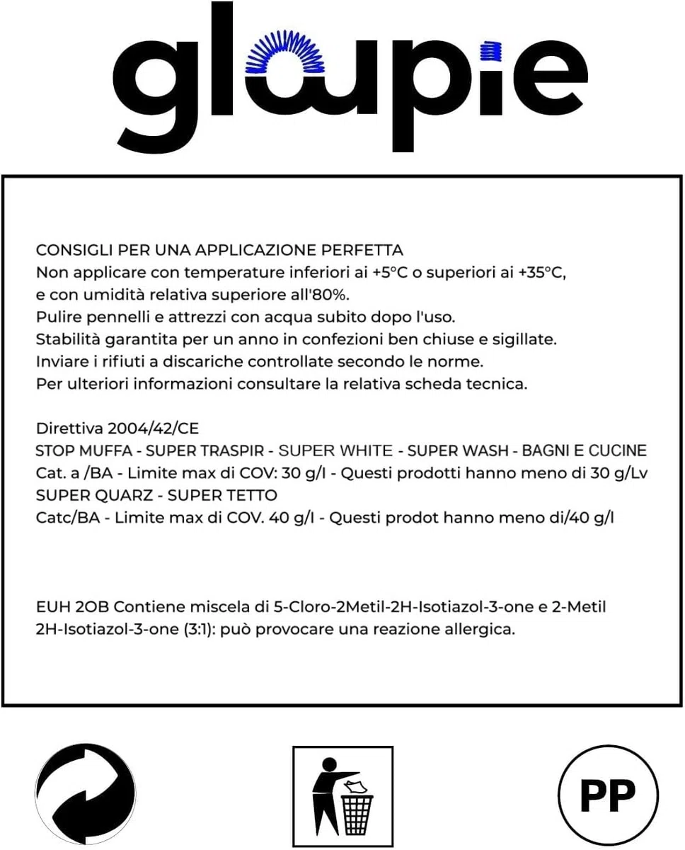 GLOUPIE BAGNI E CUCINE Pittura All'Acqua Traspirante Per Pareti Di Bagno E Cucina, 5 Litri, Bianco, Made In Italy
