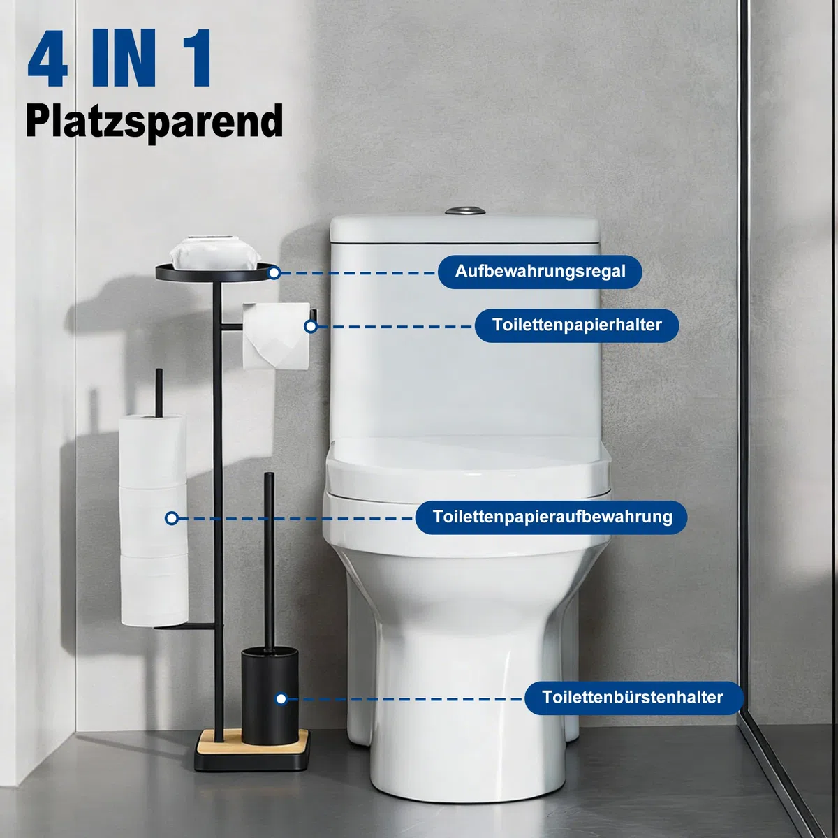 Scopino Bagno WC con Porta Carta Igienica da Terra Piantana Portarotolo e Scopino Per 4 Rotoli Scorta, Legno Nero, Circolare