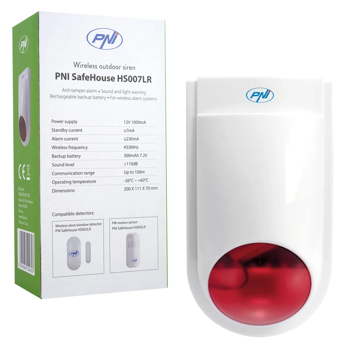 PNI SafeHouse HS007LR - Sirena radio per esterni, con batteria e alimentatore di rete, per impianti di allarme radio