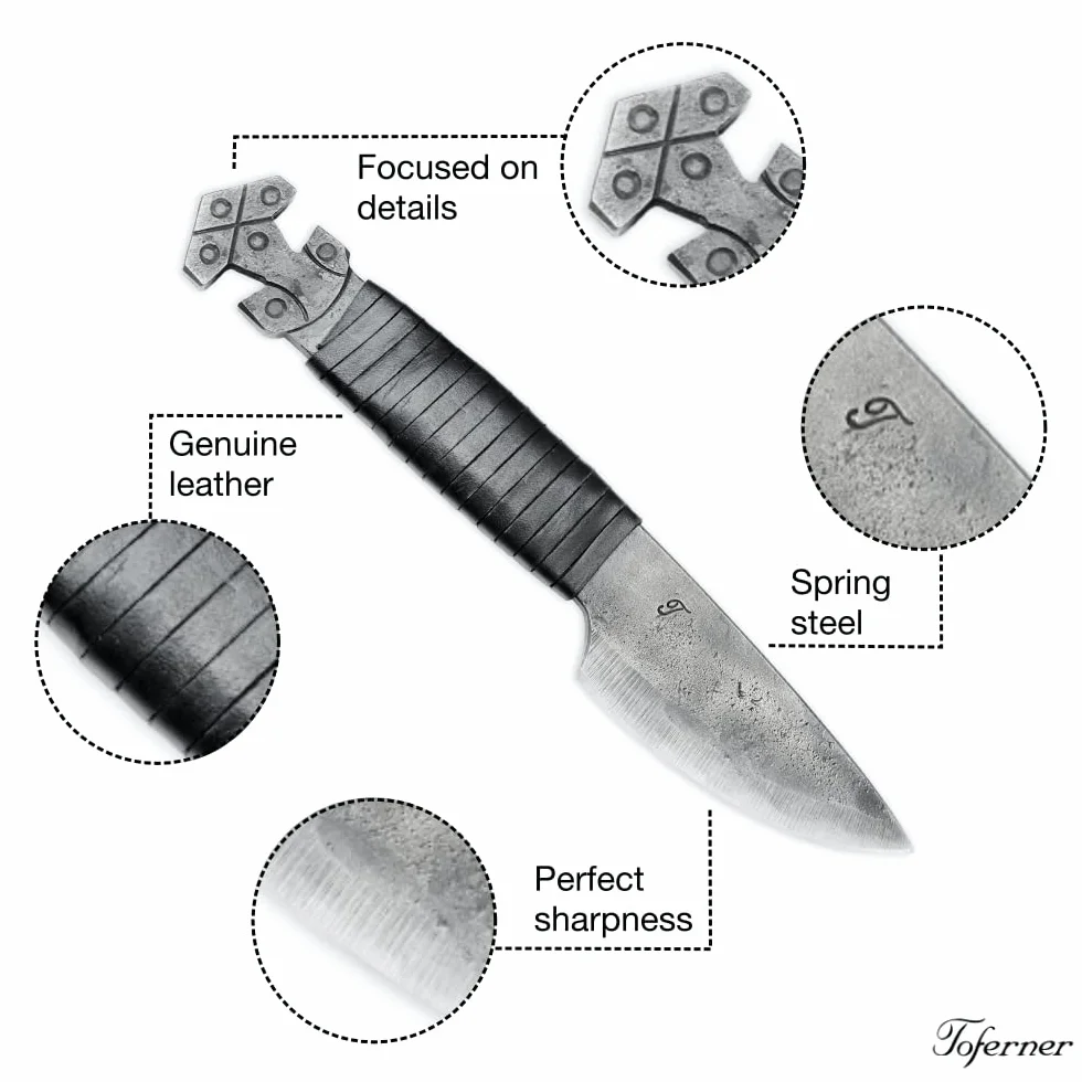TOFERNER Coltello da caccia a lama fissa Coltello in acciaio Thor – Forgiato a mano & Vintage Look – Lama a punta ultra affilata – Elegante stile anticato – Inclusa custodia in vero cuoio