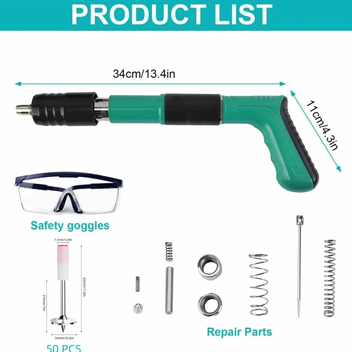 Pistola Sparachiodi Manuale Kit, Spara Chiodi per Cemento e Ferro, Chiodatrice, Sparachiodi Aria Compressa, con Occhiali di Sicurezza e 50 Chiodi Tondi, per Cemento e Ferro Ecc.