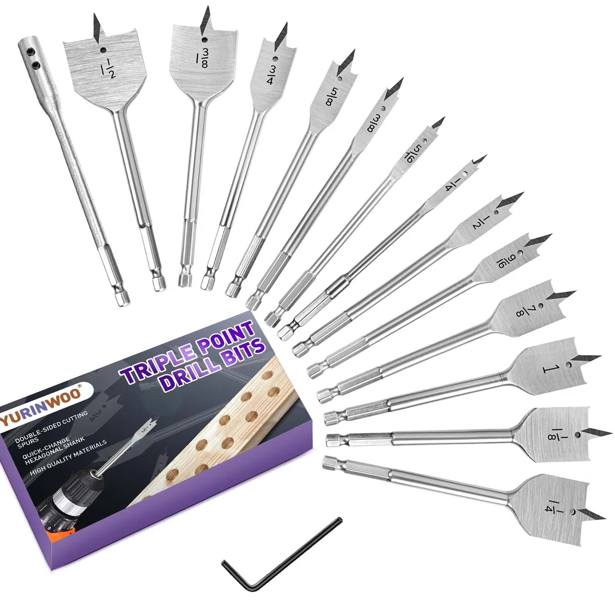 Set di 15 Punte per Trapano a Forcella in Acciaio Al Carbonio - Resistenti, Piatte per Legno, Utensili per Lavorazione - Adatte per Praticare Fori in Tutti i Tipi di Legno