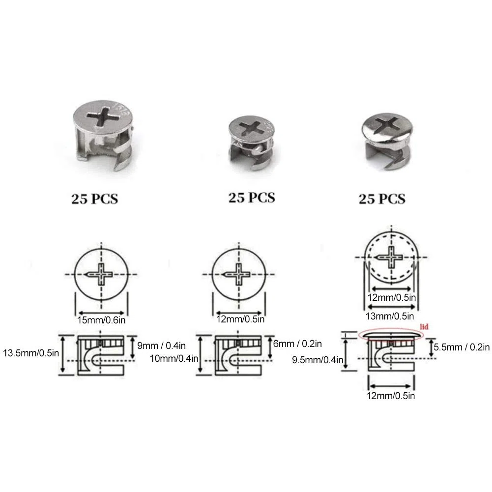 Set di 75 Connettori per Dadi di Bloccaggio a Camma, Raccordi di Fissaggio 9,5 x 13 mm, 10 x 12 mm, 13,5 x 15 mm per Mobili, Pannelli