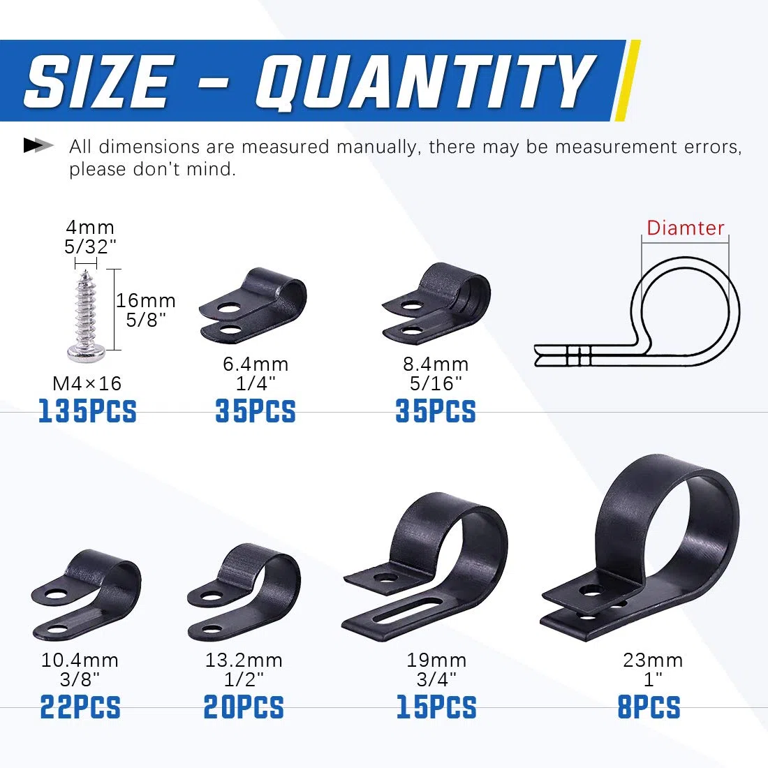 Glarks 135 pz 6 misure 1/4 ''-1'' nylon nero montaggio a vite clip cavo clip clip filo con 132 pezzi viti per filo, cavi, condotti e condotti cavo kit (nero)