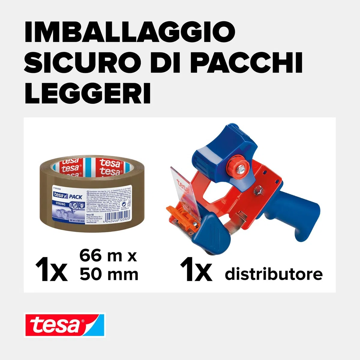 Tesa Confezione Strong e dispenser manuale in set con 1 rotolo di nastro adesivo silenzioso per pacchetti, marrone, 66 m x 50 mm