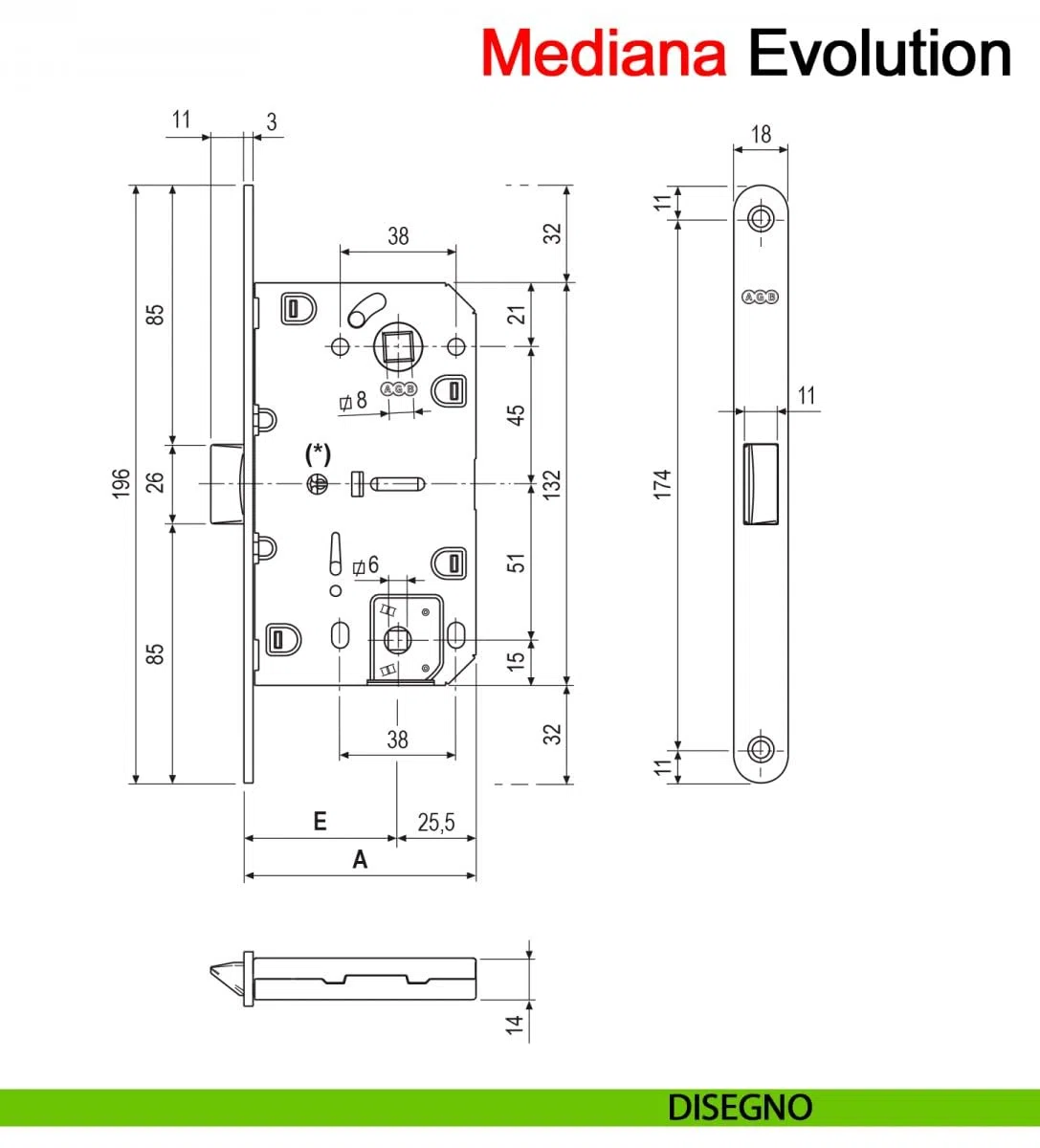 Serratura AGB Mediana Evolution con solo Scrocco Centrale per Porta Interna. (Nichelato Lucido WC)