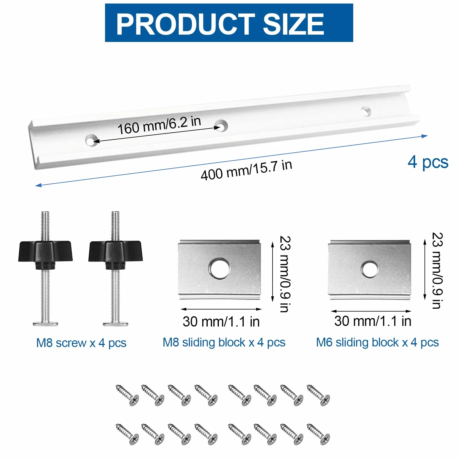 4 Pezzi 400 mm T-Track Profilo Alluminio, Lega Di Alluminio Mitra Track Jig Fixture Slot, 4 Manici M8, M8/M6 T Track Dado Scorrevole, per La Sega a Banco di la, Falegnameria