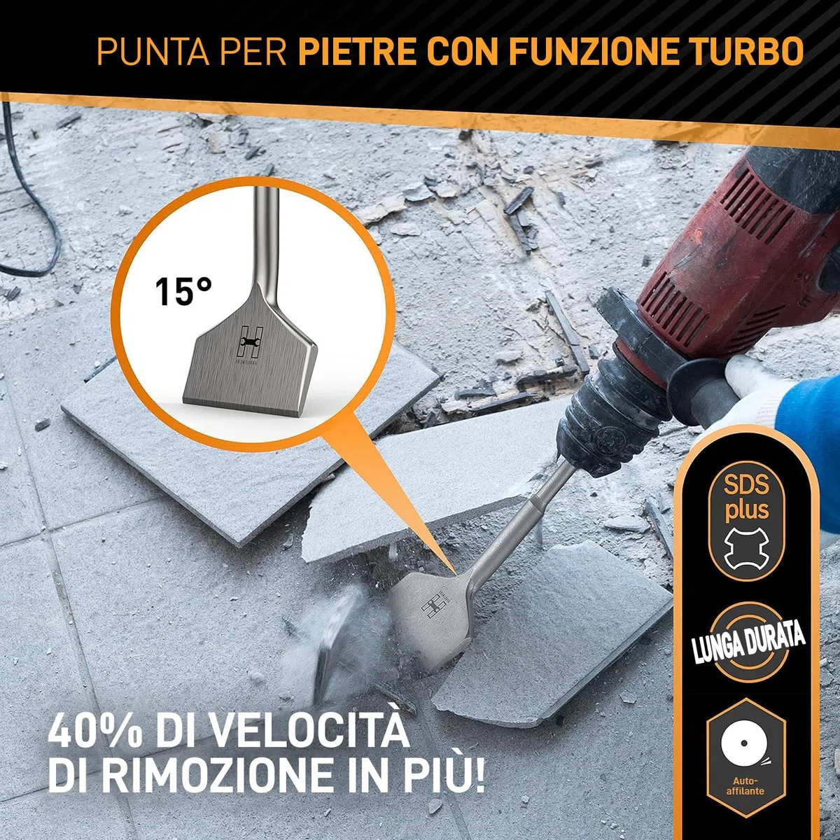 HARDTWERK Scalpello per piastrelle Turbo SDS Plus, 165 x 75 mm, scalpello piatto largo per rimuovere piastrelle e colla da piastrelle, per perforatore, scalpello largo