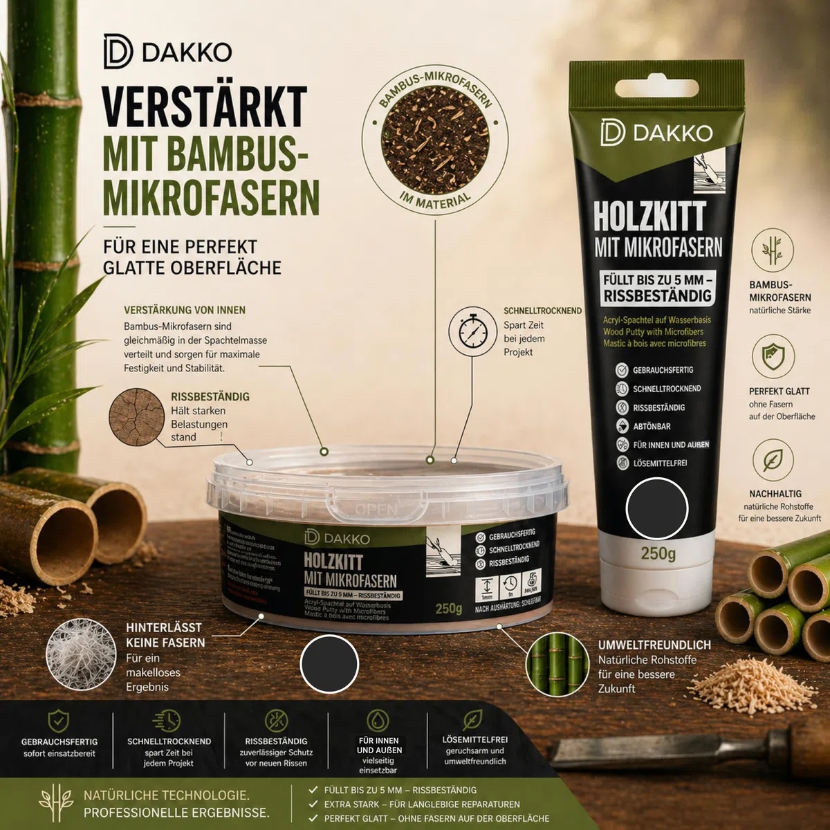 DAKKO Stucco per Legno Riempitivo 1 kg, Nero - Stucco in Pasta con Microfibre di Bambù, Pronto all’Uso per Mobili, Porte, Fori e Crepe, Interni ed Esterni, Resistente alle Crepe